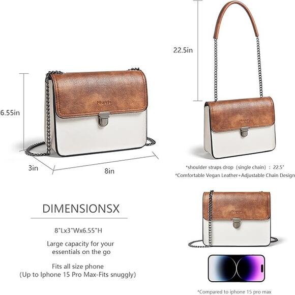 Two-Tone Crossbody Satchel – White & Brown Faux Leather w/ Chain Strap - Picture 2 of 5